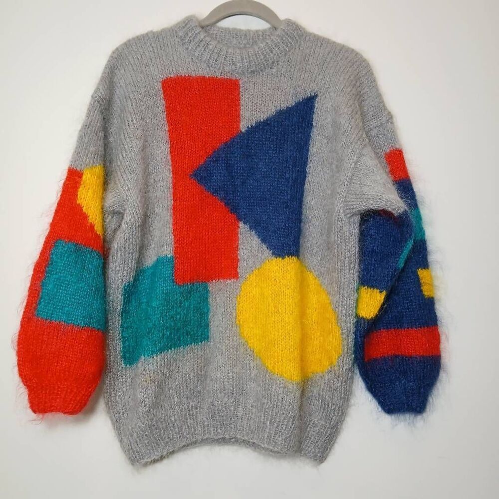 Womens large vtg 90's handmade sweater mohair color block Excellent condition
